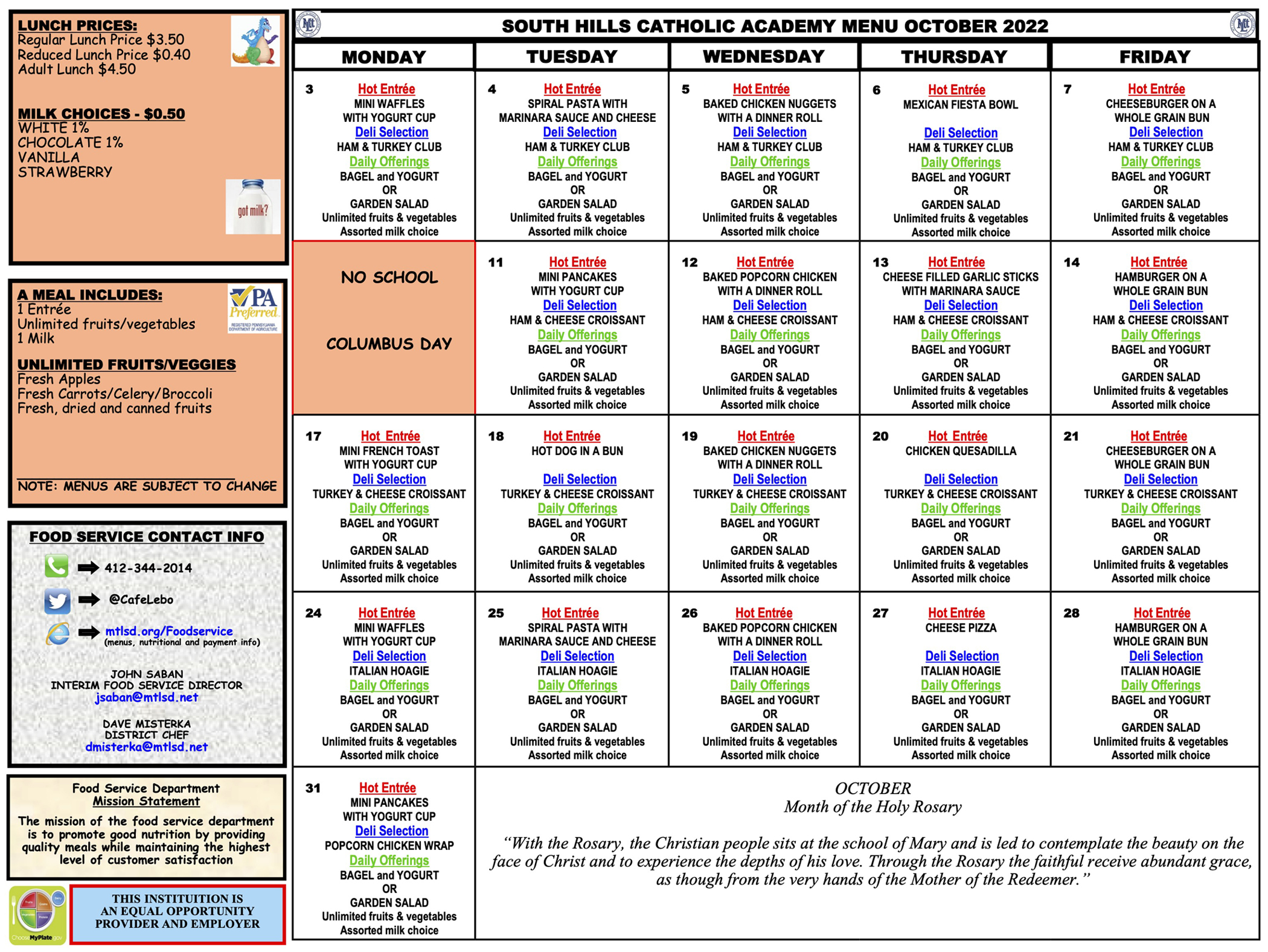 Calendars & Food Service South Hills Catholic Academy